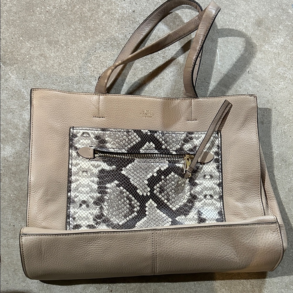 Vince Camuto Taupe Tote with Snake-Print Front Pocket